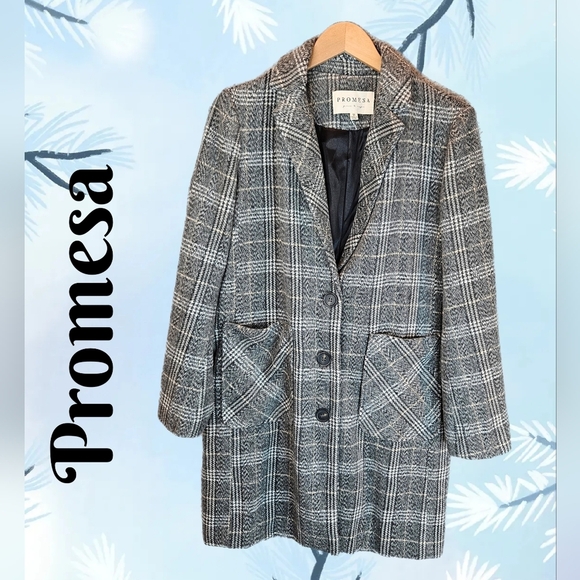 Promesa Womens Dress Coat Sz M Gray & Beige Plaid Warm-Cozy Winter Wear Grandma - Picture 1 of 12